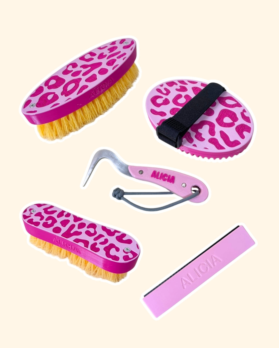 GROOMING KIT COMPLETO Striglia + Brusca + Pony Brush + Nettapiedi + Spazzola Zoccoli - Pink Leopard Edition